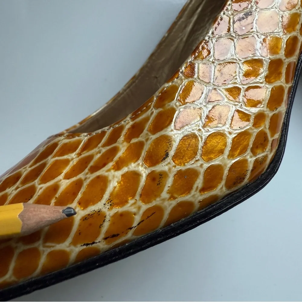 Stuart Weitzman Orange Patterned Block Heel Pumps Square Toe Size 7